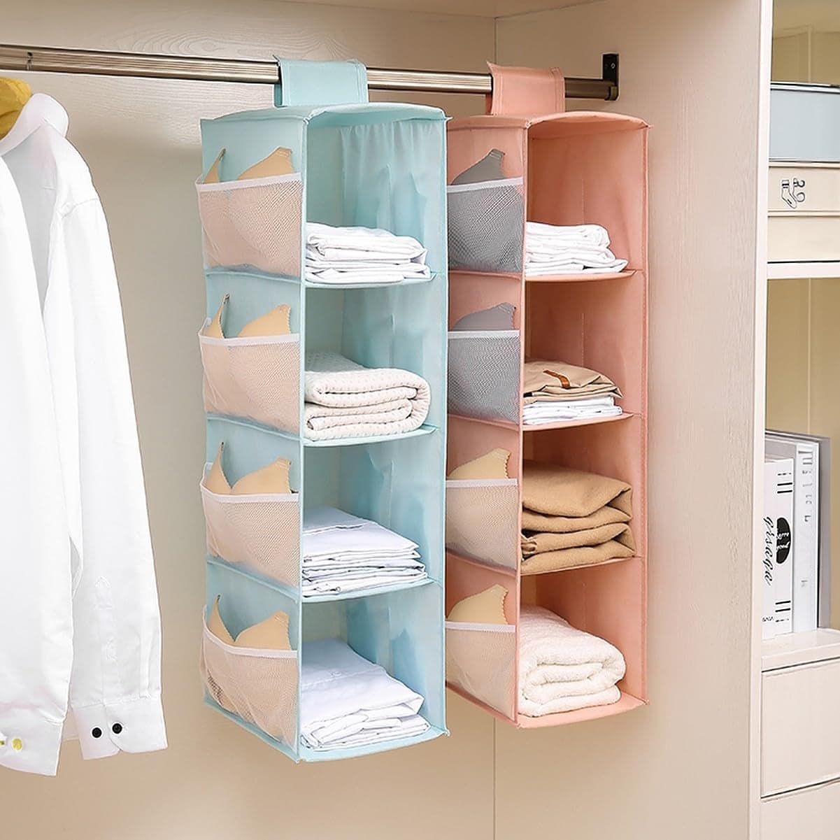 wolpin Pack of 1 Closet Hanging Organizer 4 Shelves with Mesh Pockets for Wardrobe Cloth Organizer Collapsible Washable Blue Fabric