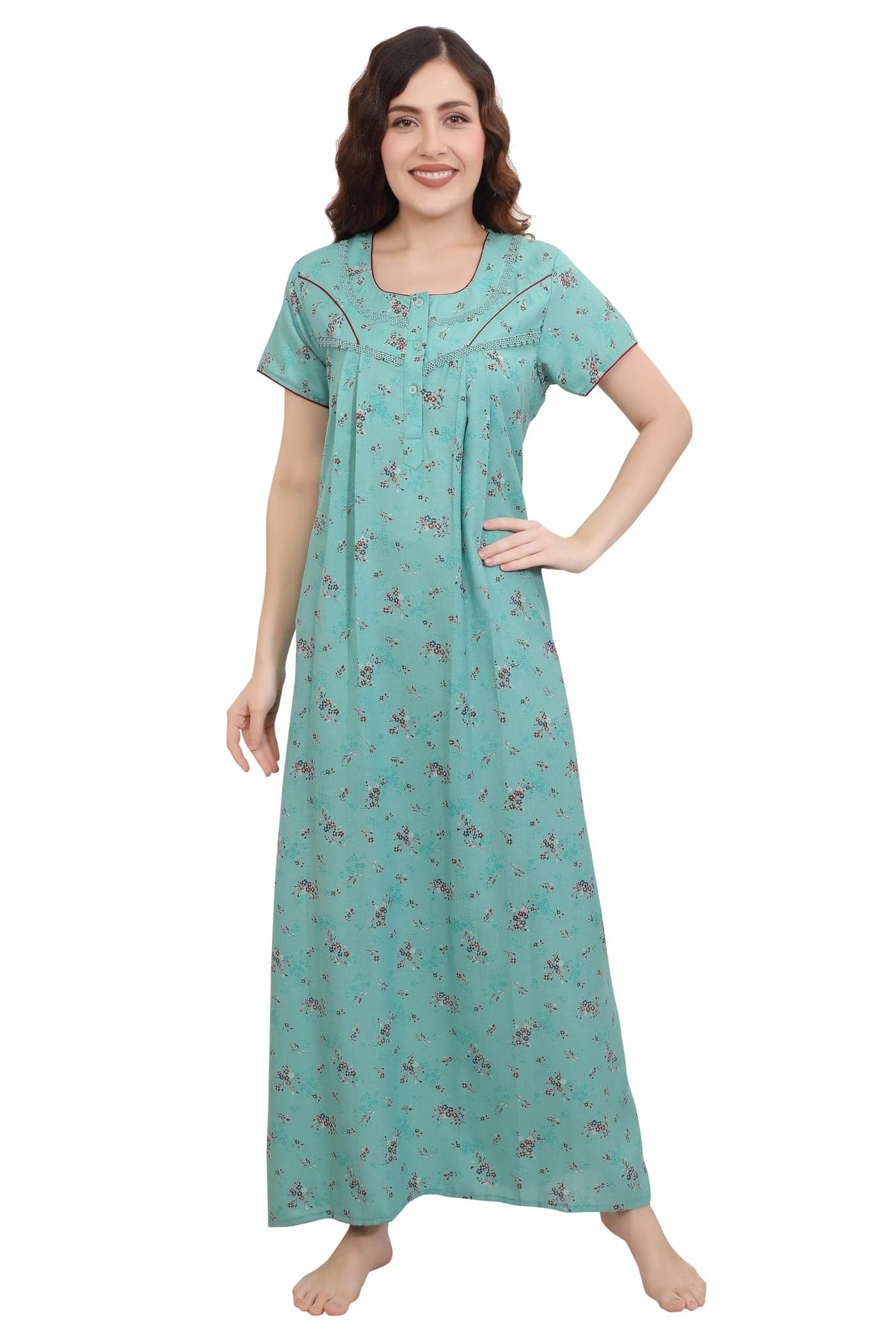 GLAMORAS Alfine Cotton Nighty Gown with Side Pocket for Women | Regular, Printed & Full Length Maxi Night Gown | Night Wear Nighties for Women | Size: M Green