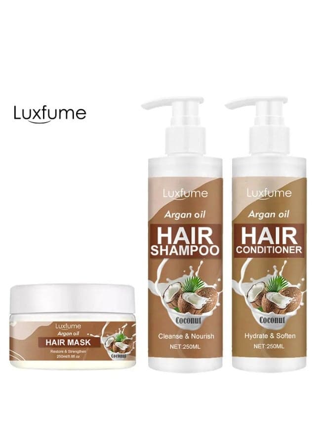 Luxfume Argan Oil and Coconut Oil 3-Piece Shampoo and Conditioner Set: Shampoo + Conditioner + Hair Mask. Deeply nourishes and repairs damaged hair.