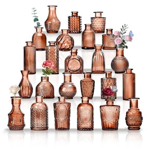 Anquephd Mini Bud Vases As Wedding Centerpieces for Tables,Clear Bud Vases for Flowers,Small Flower Vases Suitable for Birthday Party,Anniversary,Wedding Reception,Baby Shower (Amber, 24PCS)
