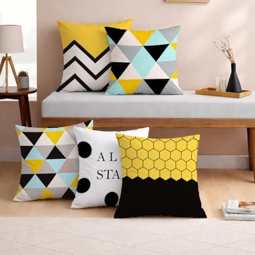 STITCHNEST Yellow & Black Geometrical Printed Poly Cotton Cushion Covers, Set of 5 (12 x 12 Inches)