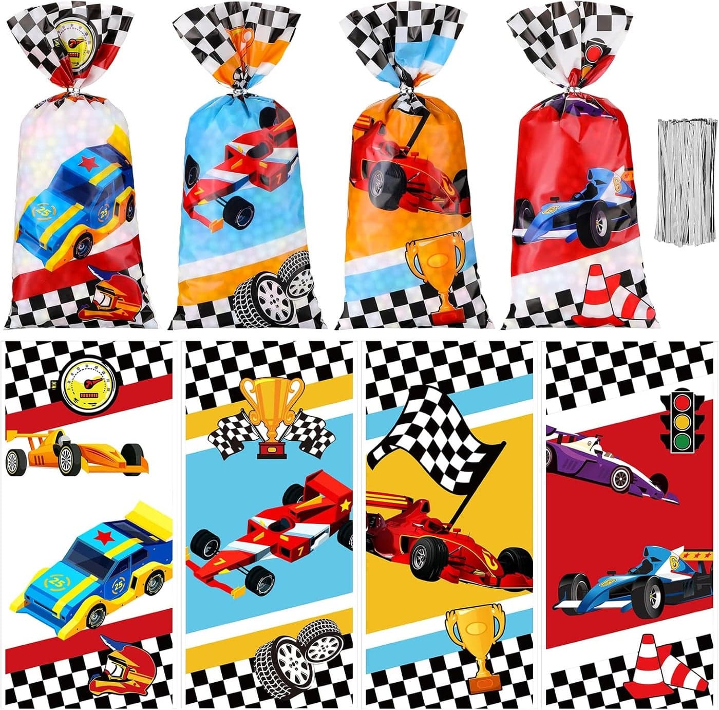 Spiareal 100 Pcs Race Car Party Treat Bags Cellophane Gift Treat Bag Goodie Candy Bags with Ties Boys Race Car 1 Count Pack of 100