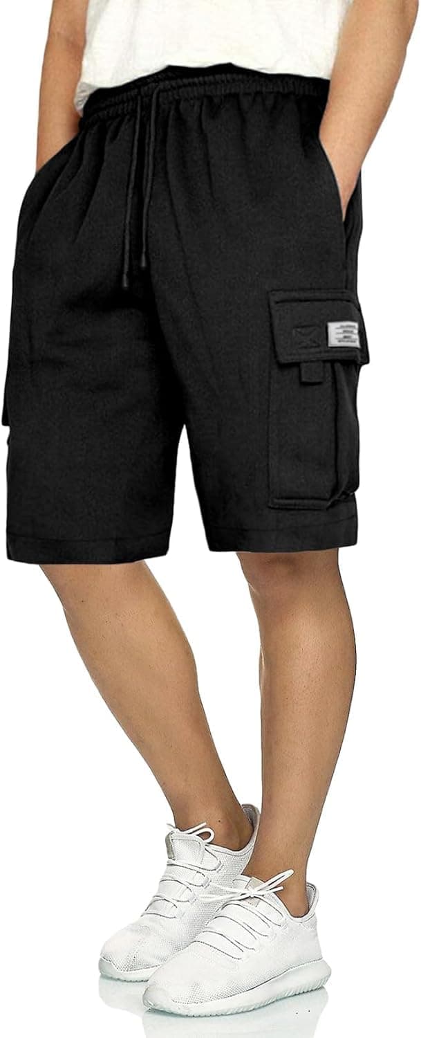 Q - RIOUS Mens Casual Sweat Cargo Cotton Shorts Drawstring Elastic Waist Athletic Workout Gym Jogger Shorts with 5 Pockets Black