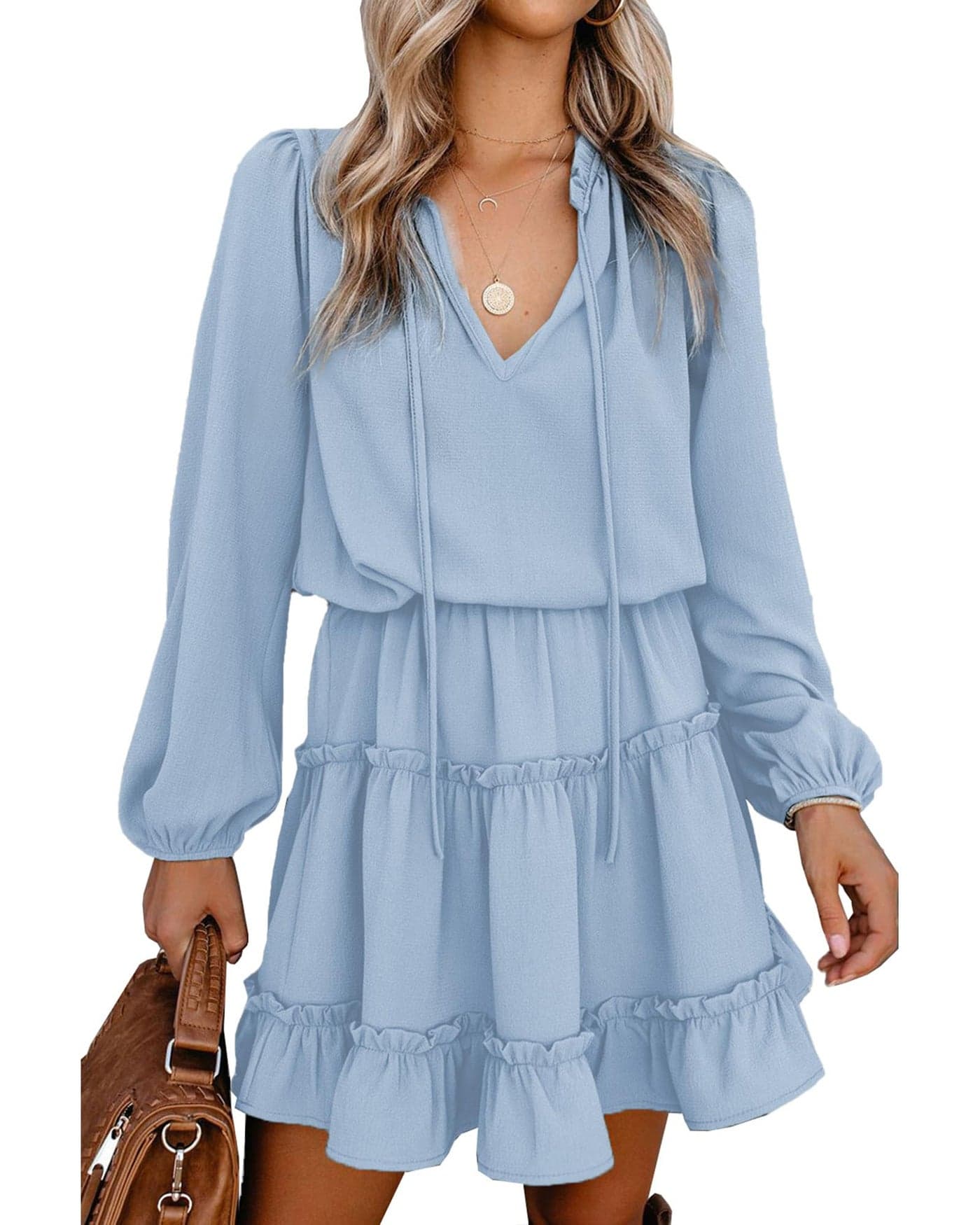 BTFBM Long Sleeve Fall Dresses for Women 2025 Summer Casual Tie Neck Ruffle Tiered A Line Wedding Guest Short Mini Dress(Long Sleeve Light Blue, Medium)