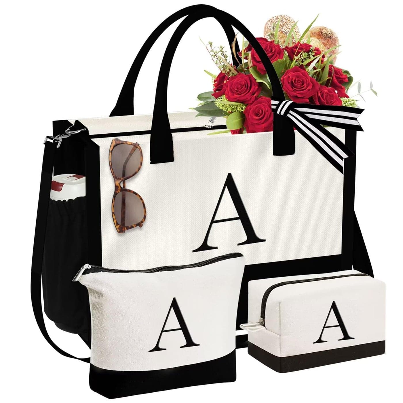 YOOLIFE Birthday Gifts for Women Mom Daughter Sister Friends Her Teacher Personalized Initial Tote Bag Womens Monogrammed Canvas Tote Bag with Zipper Letter A