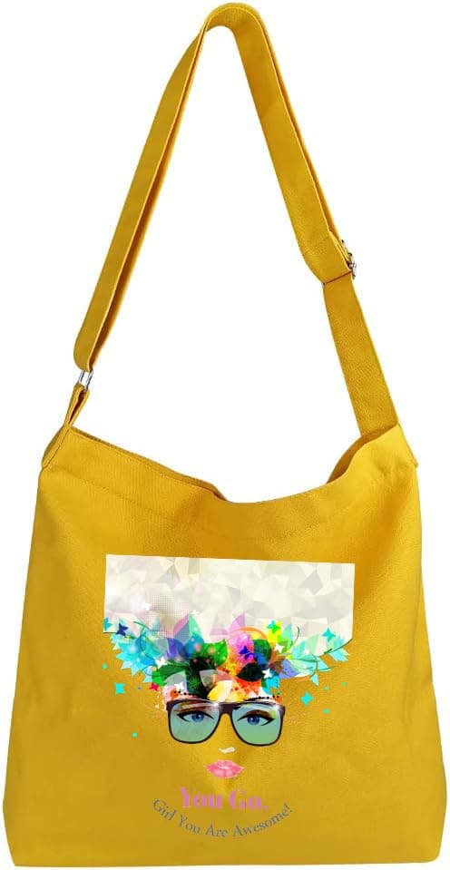 Lify Women's Retro Large Size Canvas Shoulder Bag Hobo Crossbody Handbag Casual Tote - 1 Piece (Yellow-Ptrinted-You Go Girl)