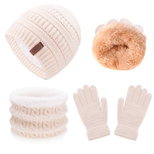Girls Winter Hat Scarf Gloves Set for Cold Weather, Kids Beanie Hat Infinity Scarf Knitted Gloves Sets Beige Knit Thick Warm Fleece Lined Thermal Set for 6-10 Years Old Boy Baby Toddler Children