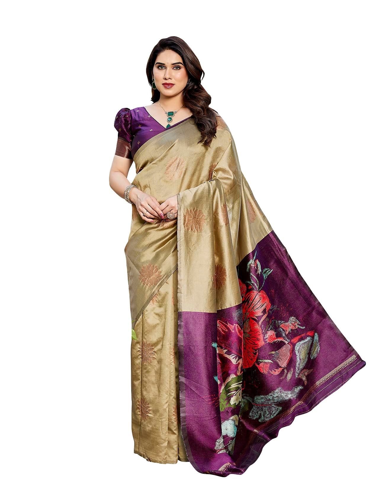 Yashika Women's Cotton Silk Beautiful Floral Printed Saree | Cream Color Saree | Women Sari | Saree