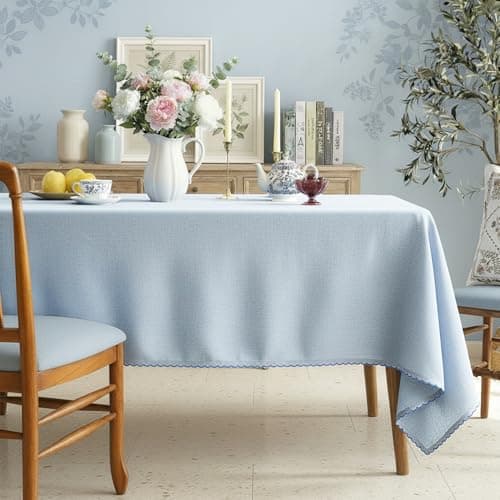 RUSTIQUE LINENS: Embroidered Edge Trim Tablecloth - Water & Stain Repellent (100% Cotton) 4-Seater - 10 Colors - Sky Blue (150 CM X 150 CM)