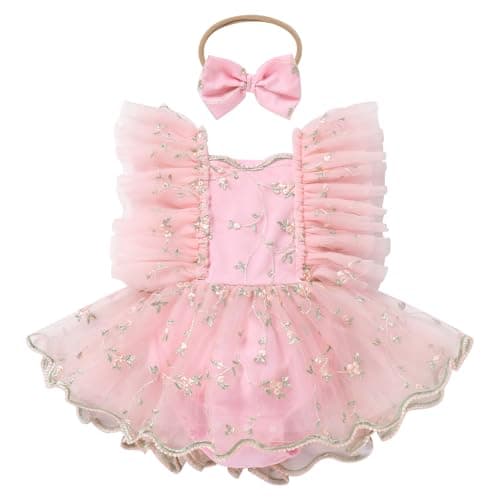 ODASDO First Birthday Outfit Girl Baby Fairy Romper Toddlers Party Dress Floral Embroidery Tulle Tutu Princess Dresses 1st Half One Year Old Newborn Photo Shoot Props Summer Clothes Pink 6-9 Months