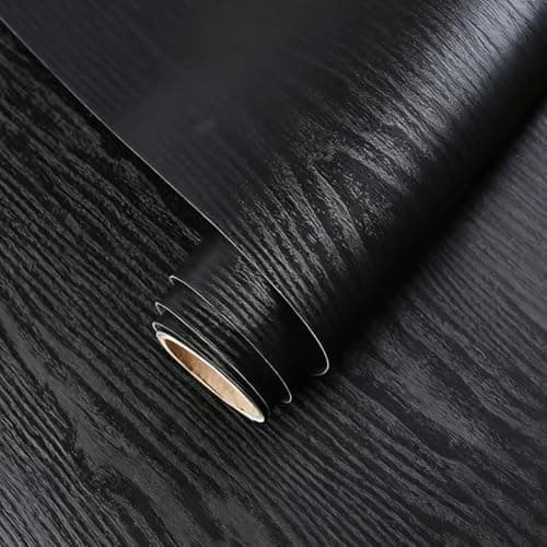 Yancorp Matte Black Grain Wood Textured Wallpaper White Wood Paper Vinyl Film Self-Adhesive Wall Paper Shelf Liner Removable Peel-Stick Countertop (16"x394", Black Wood)