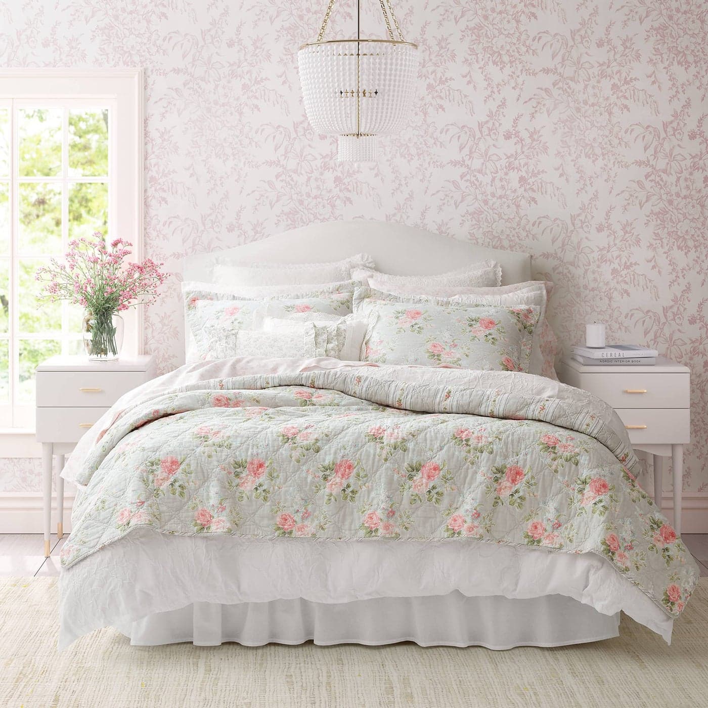 Laura Ashley Twin Quilt Set Reversible Cotton Bedding with Matching Shams Lightweight Home Decor for All Seasons Melany Pink Twin