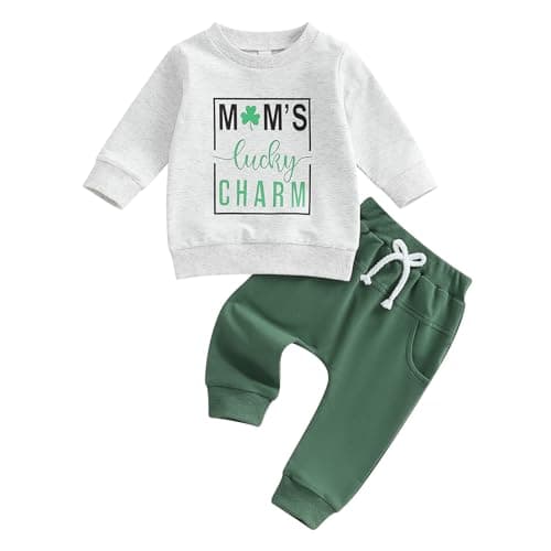 Karuedoo Toddler Baby Boy St Patricks Day Outfit Mom's Lucky Charm Long Sleeve Sweatshirt and Pants Set 2Pcs Spring Clothes (Gray, 2-3T)