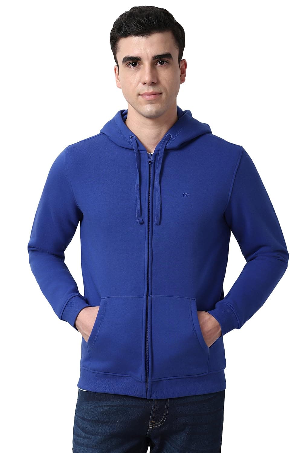 Men Blue Solid Hooded Neck Sweatshirt