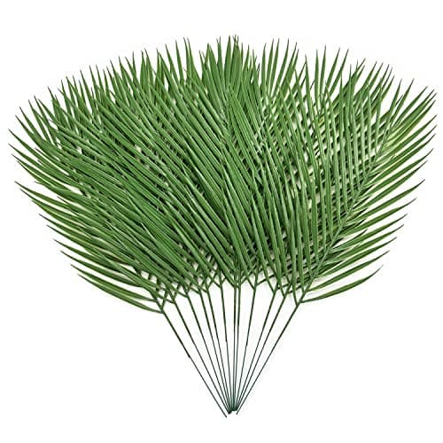 Artificial Palm Leaves Stem Fake Tropical Palm Tree Leaf Plastic Greenery Plants Faux Areca Stems Jungle Boston Decoration for Indoor Outdoor Wedding Birthday Party Arrangement Table DIY Decor 12 Pcs