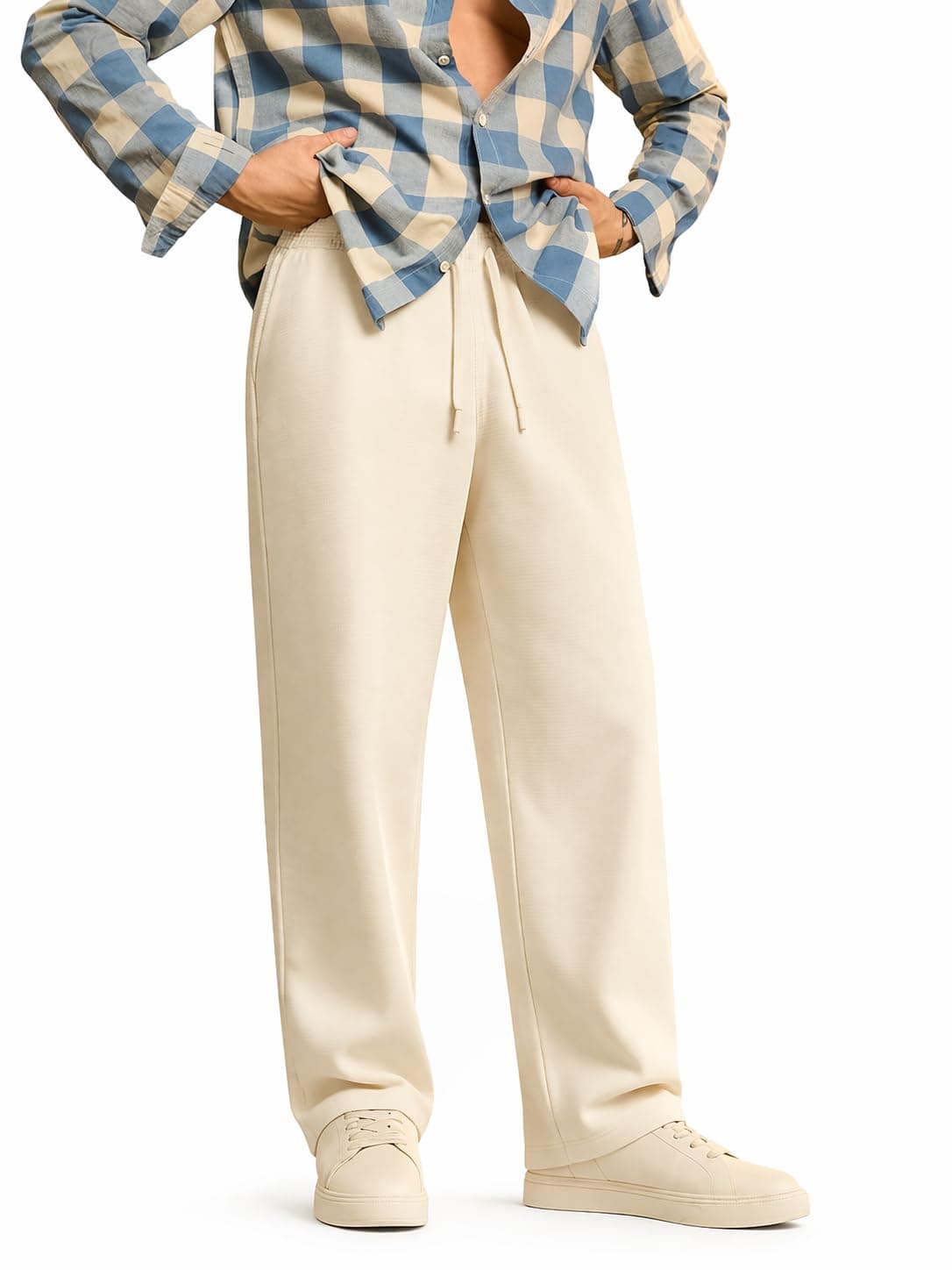 The Souled Store Solids: Off White Mens and Boys Korean Fit Cotton Blend Solid Korean Joggers