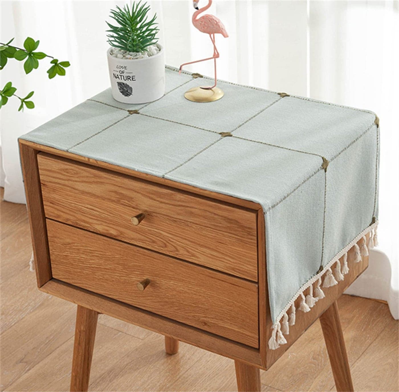 Utobanh Simple Bedside Table Tassel Cover Cloth, Tablecloth Cover Towel, Suitable for Bedside Table TV Microwave Washing Machine Refrigerator Dust Cover (Gray Green, 15.7 * 35.4 inches)
