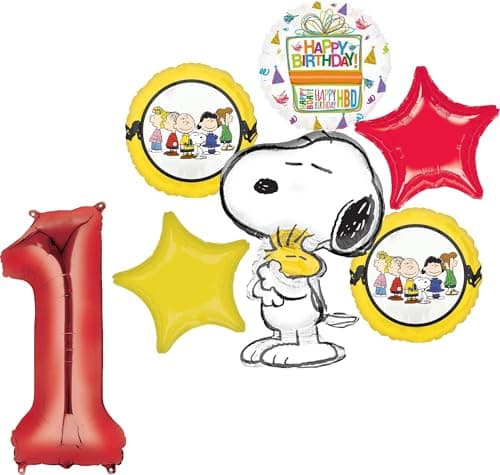 Anagram Peanuts 1st Birthday Party Supplies Snoopy and Friends 7pc Balloon Bouquet Decorations