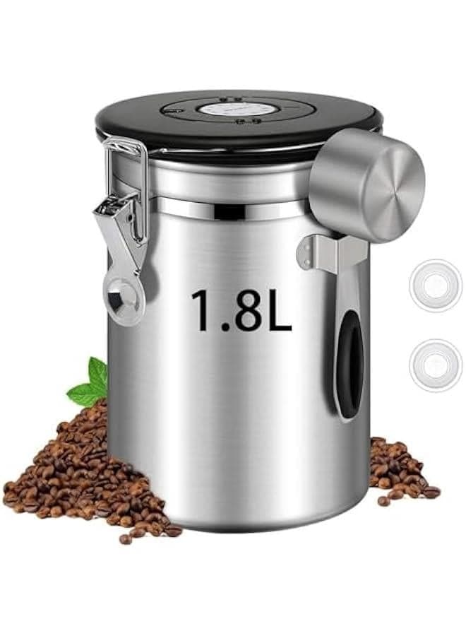 1.8L Coffee Canister, Airtight Coffee Canister with Scoop, Coffee Jar with Built-in Valve, Date Tracker, 2 Spare Filter, Coffee Container for Beans, Ground, Tea, Flour and Sugar (Silver)