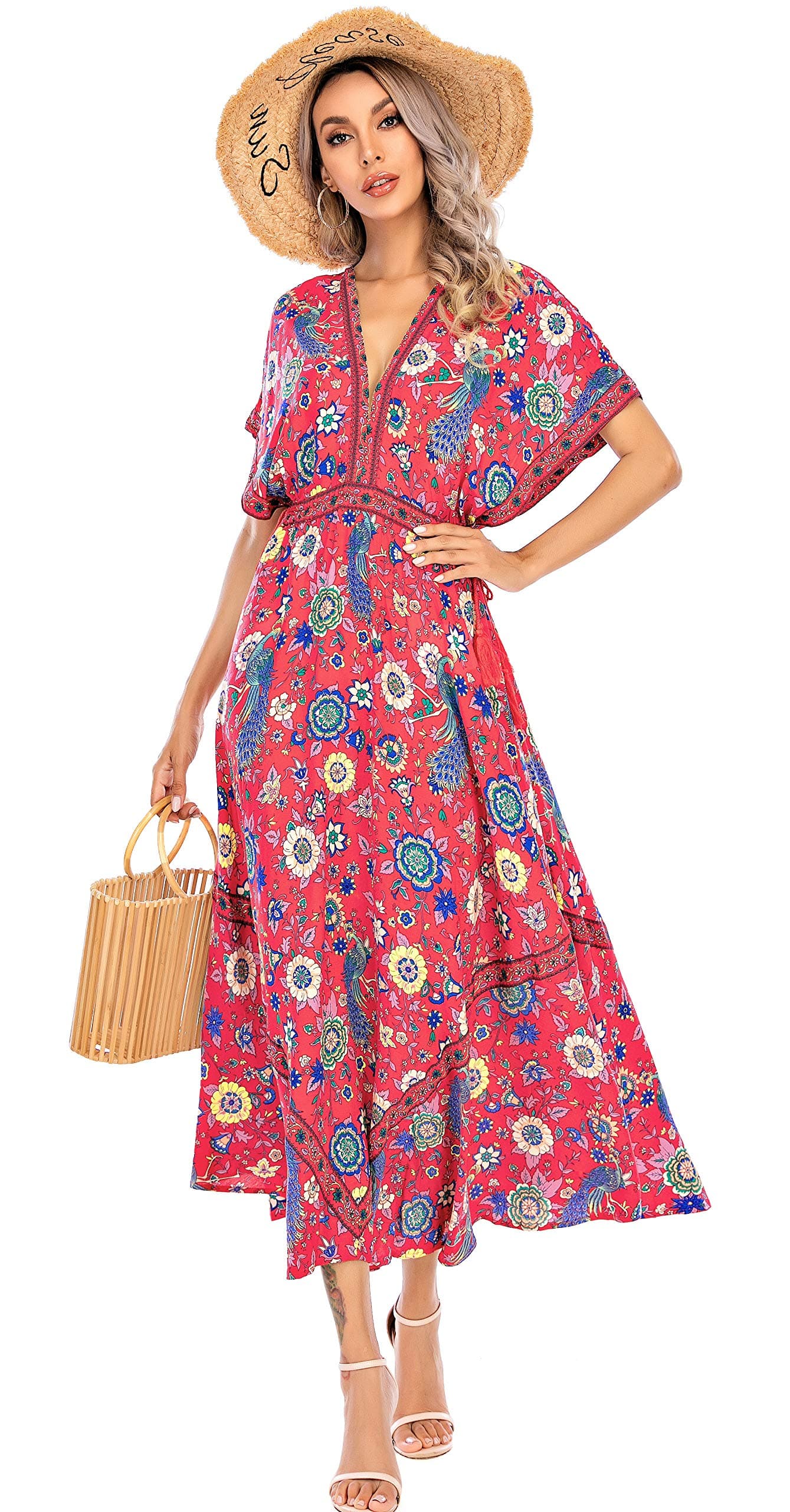 R.Vivimos Women Summer Print Deep V Neck Cotton Beach Long Dresses Red Large