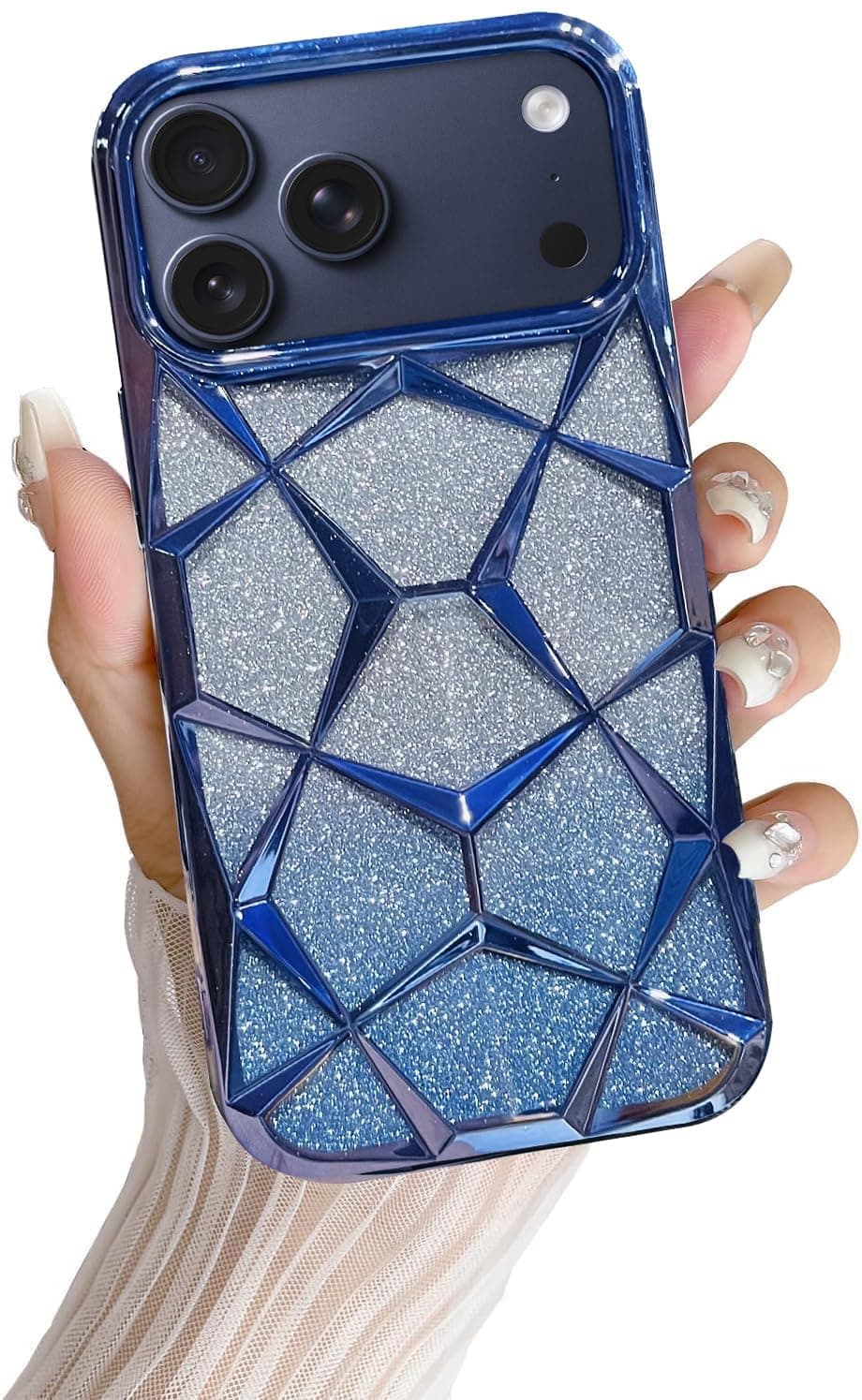 VONZEE Gradient Glitter Back Cover Case Compatible with iPhone 17 Pro, Luxury Electroplated 3D Cube, Diamond Bling Shiny Soft TPU Clear Shockproof Women Girls Protective Phone Cover (Sierra Blue)