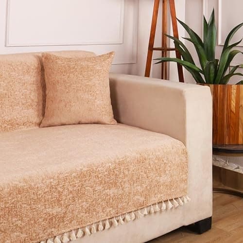 STITCHNEST Beige Chenille Sofa Cover 48x60 Inch – Soft, Durable & Textured Fabric with Tassels | Full Coverage Sofa for Living Room, Bedroom, or Drawing Room