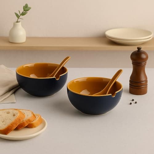 KITTENS Ceramic Soup Bowl & Spoon Set of 2 – Blue & Mustard Hand‑Painted 280 ml | Microwave & Dishwasher Safe | BPA‑Free | Ideal for Soup, Curry, Salad & Festive Gifting