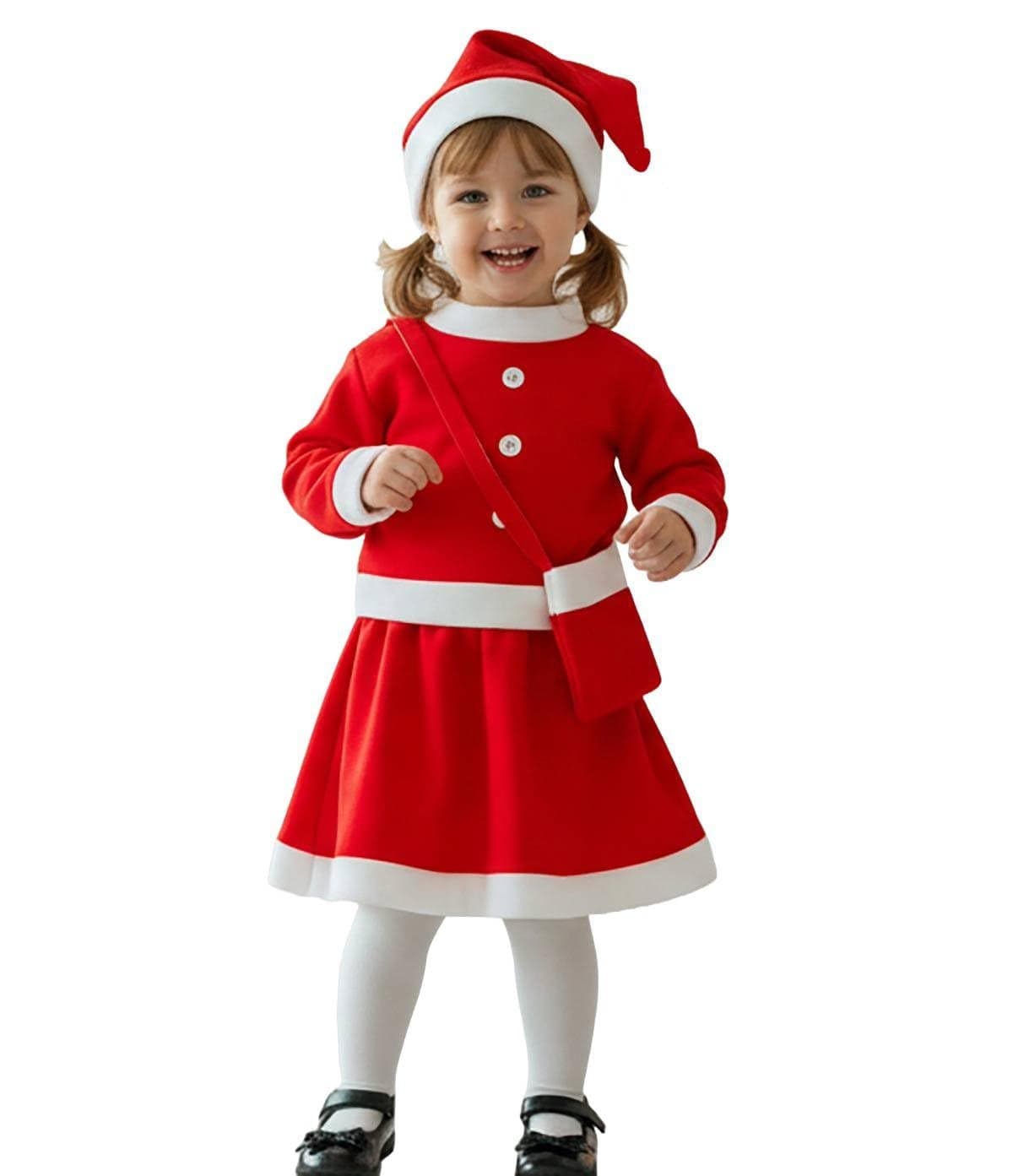 YUPPIN Santa girl dress for Christmas – Jacket, Skirt, Santa Hat & Cross-Body Bag | XMAS Fancy Dress Outfit for Girls | Soft Felt Fabric, Comfortable & Durable – Photoshoots, Parties (1-2 years)