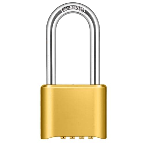 Jukusa Heavy Duty 4-Digit Combination Padlock Brass | Resettable Code Lock with 10,000 Combinations & 8mm Alloy Steel Long Shackle | High Security Metal Padlock for Gym, Locker, Gate & Travel (Gold)