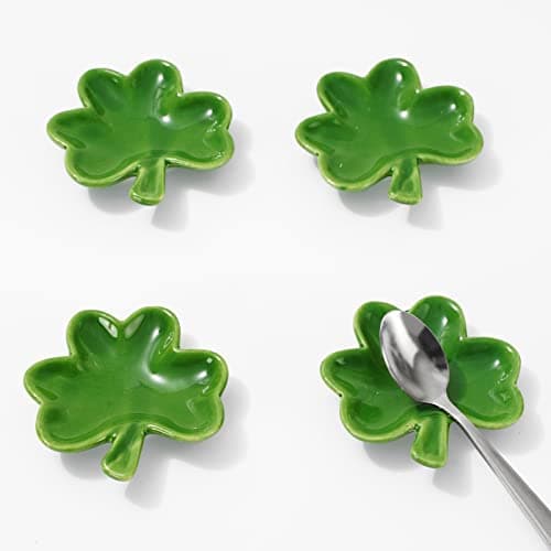 Whaline 4 Pcs 27 Inch St Patricks Day Mini Ceramic Spoon Rest Gradient Green Shamrock Small Coffee Spoon Holder Clover Ring Dish for Irish Holiday Home Coffee Station Bar Accessories