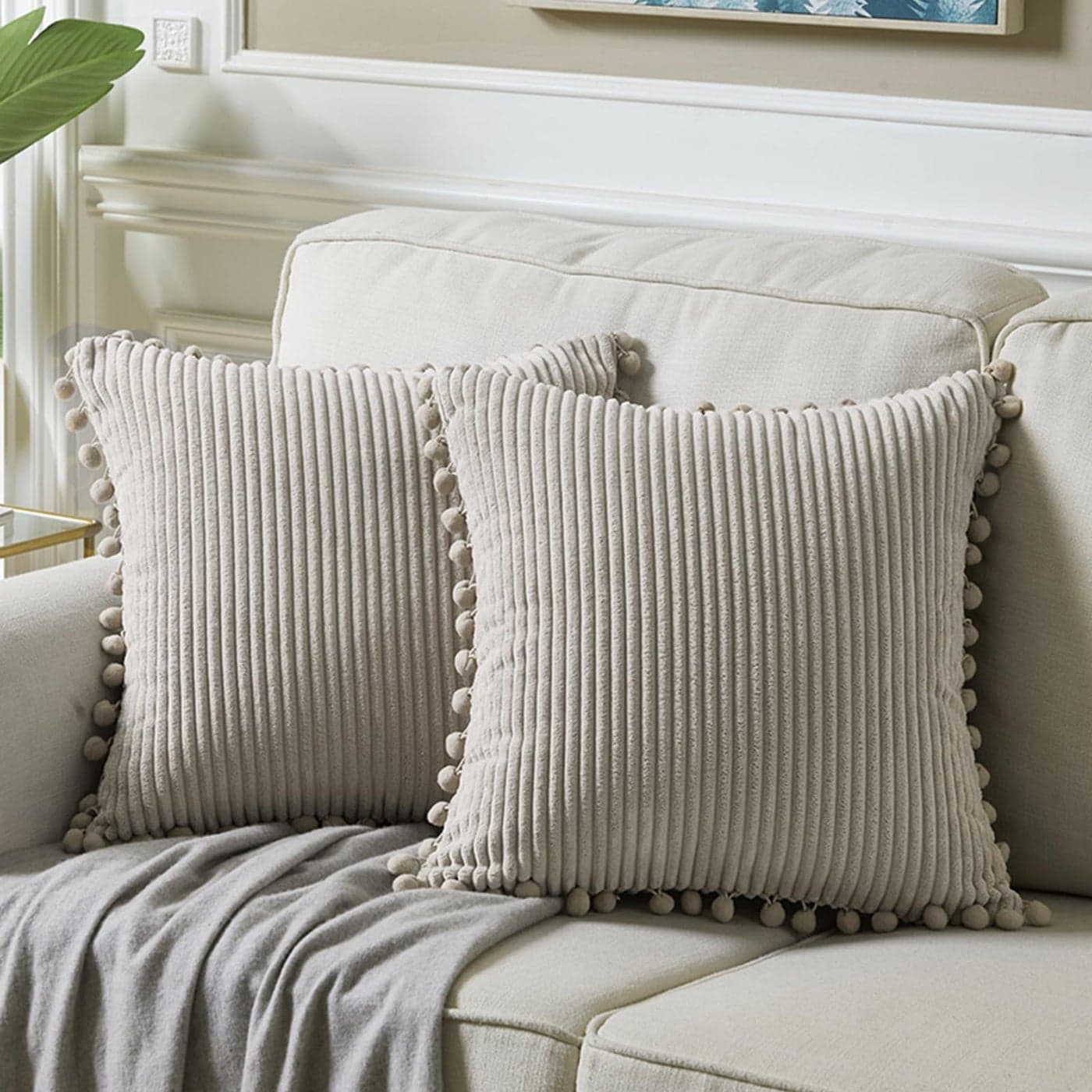 Fancy Homi 2 Packs Neutral Taupe Decorative Throw Pillow Covers 18x18 Inch with Pompoms for Couch Bed Sofa Aesthetic Modern Organic Farmhouse Boho Home Decor Soft Corduroy Cute Accent Cushion Case