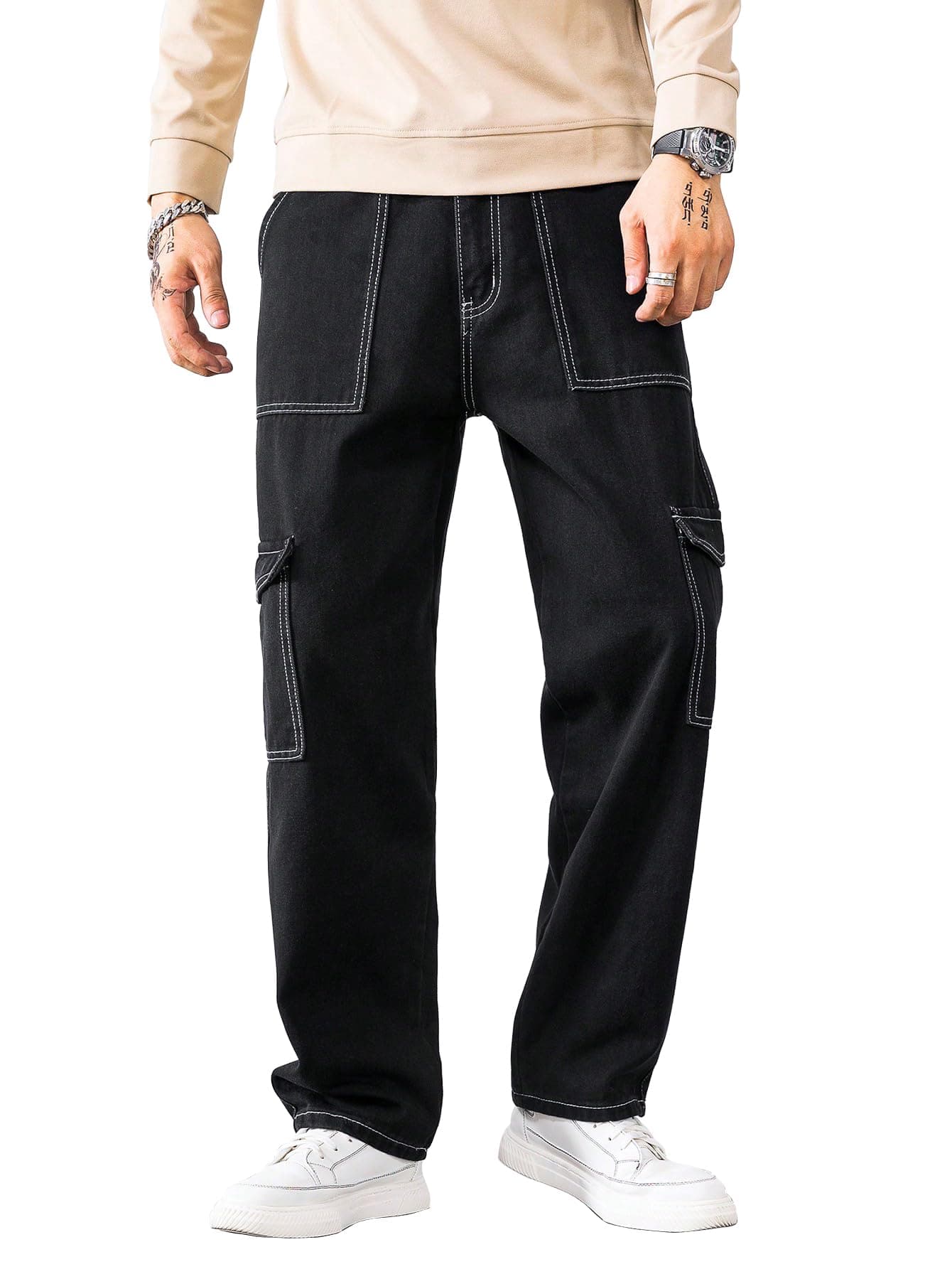 AVANOVA Men Mid Rise Black Bell-Bottom Cargo Jeans II Cargo Pants II Denim Cargo II Cotton Pant II Wide Legs II Flap Pockets (Jeans-119-Black-30)
