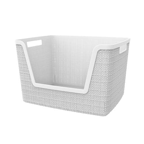 Curver Set of 4 Large 18L Easy Access Jute Decorative Plastic Organization and Storage Baskets - Perfect Bins for Home Office, Closet Shelves, Kitchen Pantry and All Bedroom Essentials, White