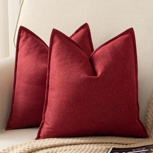 Yaertun Pack of 2 Decorative Linen Soild Throw Pillow Covers Farmhouse Neutral Cushion Covers Pillowcase for Chair Couch Sofa Bedroom Living Room Home Decor 20 x 20 Inch Wine red