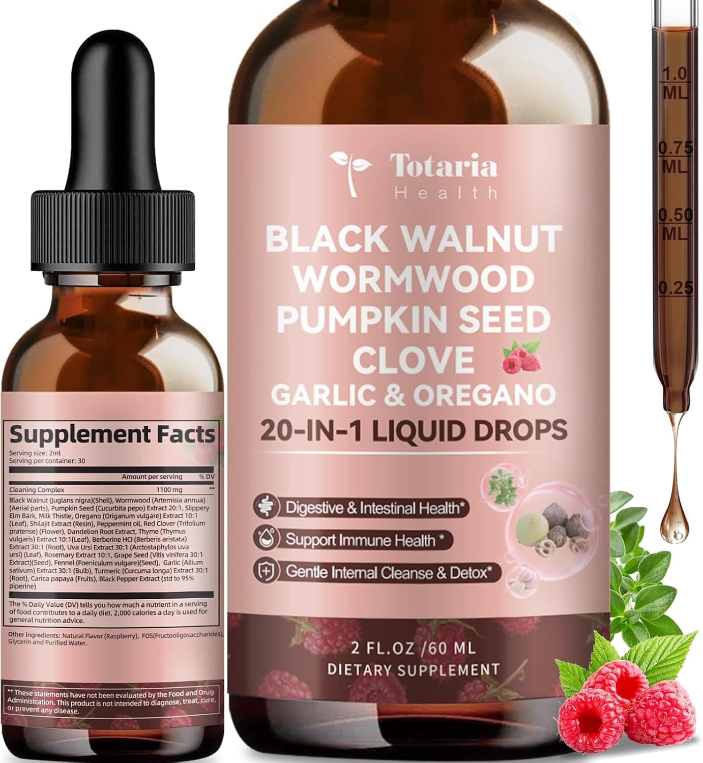 20 in 1 Black Walnut Wormwood Tincture ClovePumpkin SeedGarlicOreganoBerberine Gentle Gut Cleanse Digestive Health AlcoholFreeGutFriendly Raspberry Flavor 2FL
