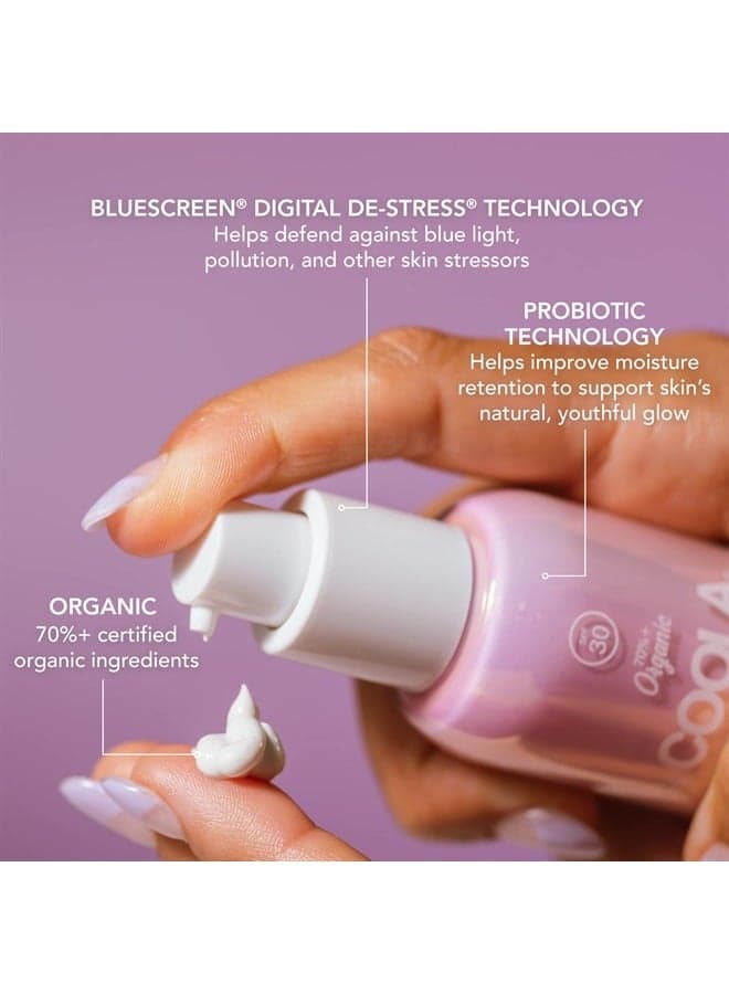 COOLA Organic Dew Good Illuminating Probiotic Serum with SPF 30, Dermatologist Tested Sunscreen with Plant-Derived BlueScreen Digital De-Stress Technology, 1.15 Fl Oz