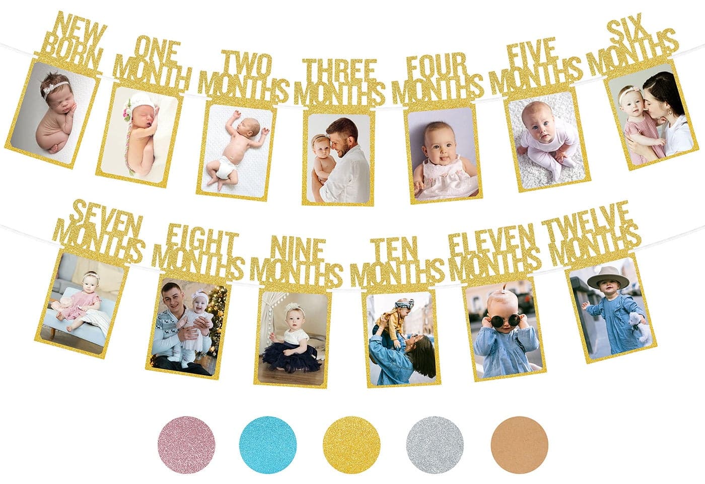 PartyHooman 1st Birthday Photo Banner for Baby from Newborn to 12 Months, First Birthday Decorations for Girl Monthly Milestones Garland | First Photo Banner Pre-strung with Frame (Gold)