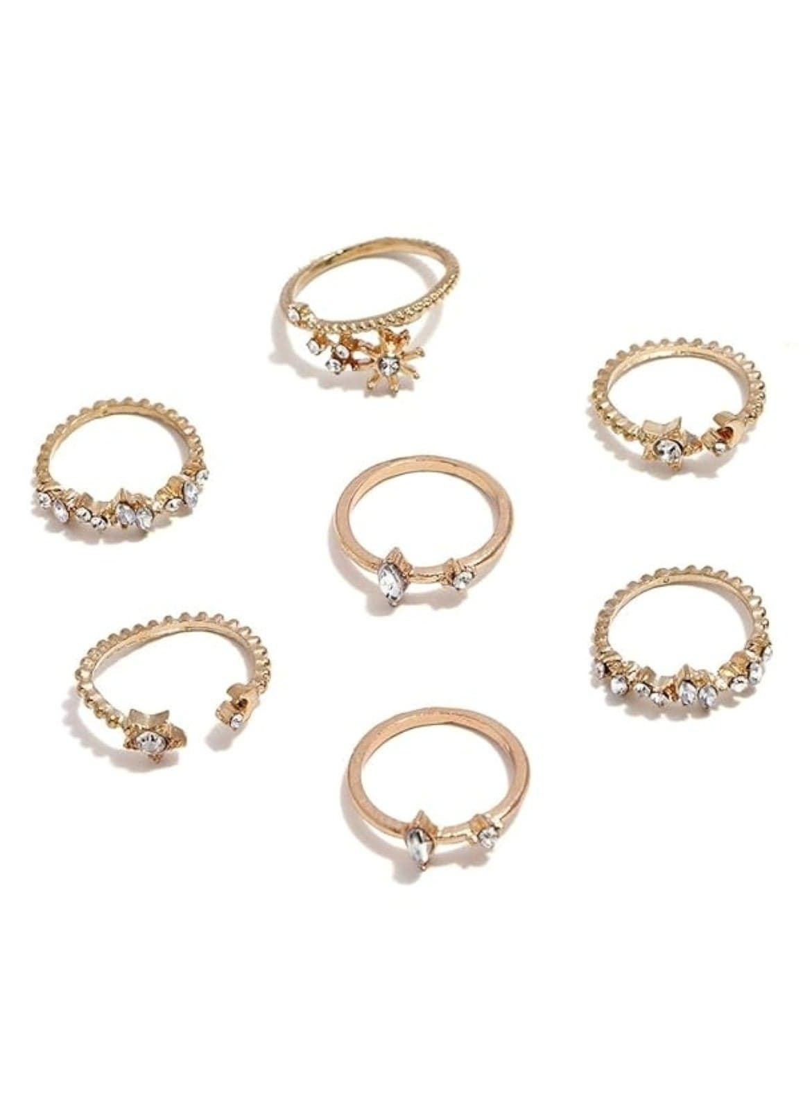 7-Piece Gold Colour Plated Star & Crystal Ring Set – Elegant & Delicate
