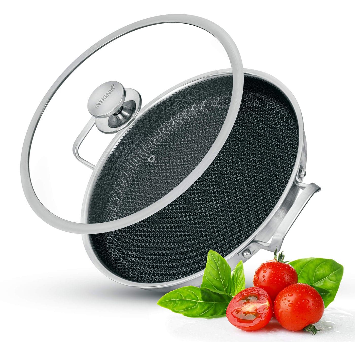 INTIGNIS Paella Pan or Frying Pan with OvenSafe Lid Sauting Roasting Broiling 32cm Aluminium Stainless Steel Skillet German GREBLON NonStick Shield Technology