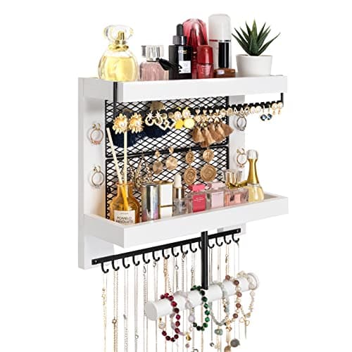 Pinzoveco Hanging Jewelry Organizer Wall Mounted With Wall Jewelry Organizer Holder For Necklaces Bracelet Earrings Ring (White)