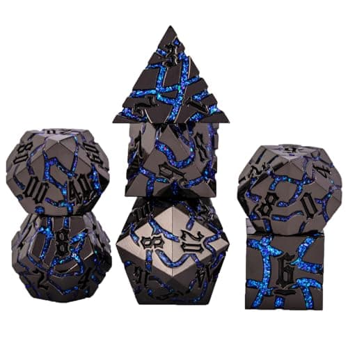 Maywin Cracked Rune Metal Dice Set for DND RPG Dark Fantasy Fractured Design Premium Heavy Metal Polyhedral Dice with Deep Engraved Numbers 7Piece Set Blue Arcane Vein