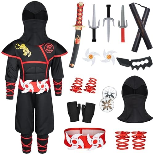 Ninjia Costume for Boys Girls Kids Muscle Ninja Costume Suit with Deluxe Ninja Toys for Halloween Cospaly Role Playing Black 810 Years