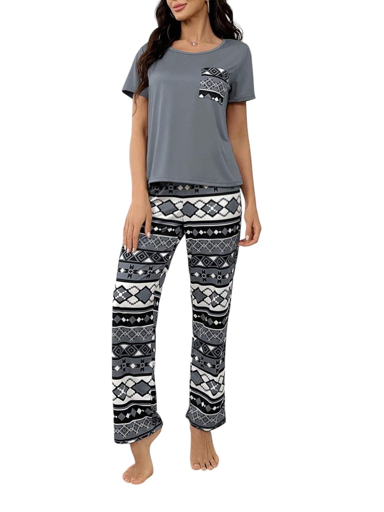LITZO Womens Night Suit || Printed Round Neck Short Sleeve Nightsuit Set | Pajama Set | Casual Night Dress for Women (L-27-XS) Grey