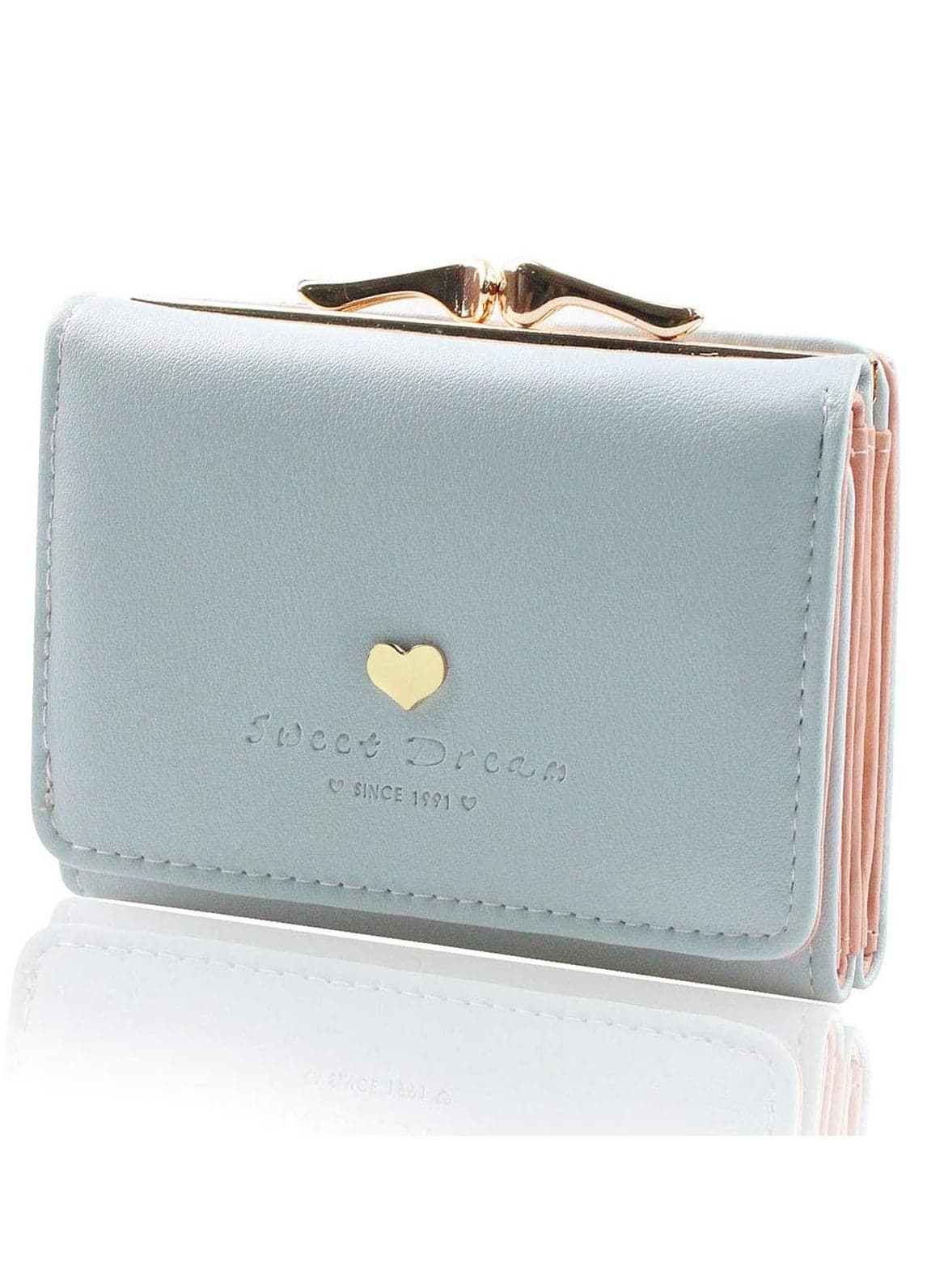 Women's Wallet Purses Leather Wallet Women Credit Card Holder Ladies Purse Clutch Holder Case with Heart-Shaped Metal Buckle Gift (Blue)