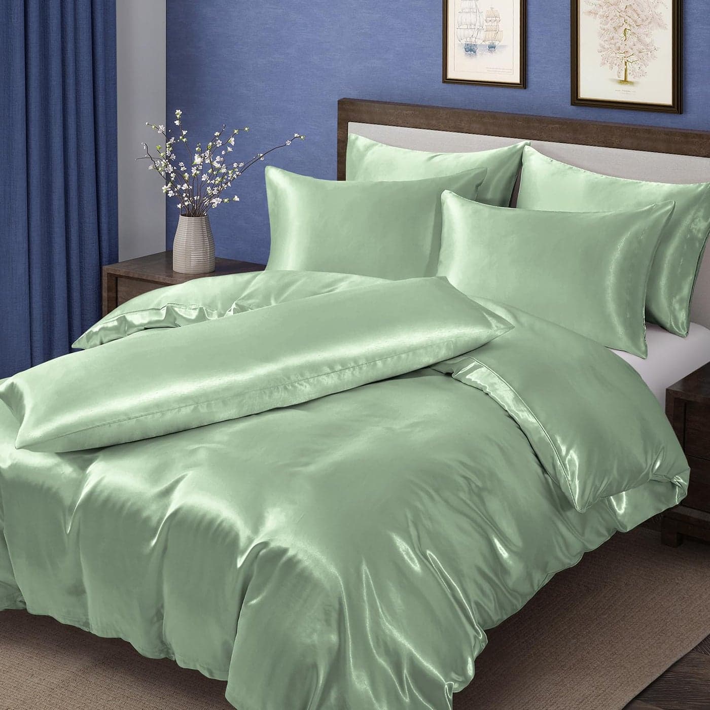 MILVOWOC 6 Pcs Sage Green Satin Duvet Cover FullQueen Size Set Silky Bed Duvet Cover Ultra Soft Comforter Cover 1 Satin Duvet Cover 1 Body Pillowcase 4 Pillow Cases No Comforter