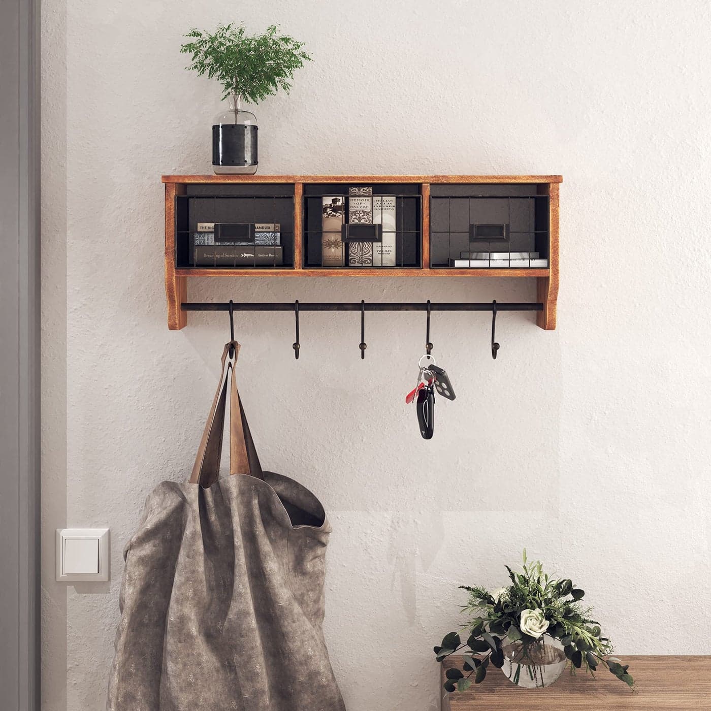 HBCY Creations Wall Mounted Shelf with Coat Hooks and Baskets Solid Wood Entryway Organizer Wall Shelf with Hooks Hang Coats Keys or Coffee Mugs Rustic Brown 24 Wide
