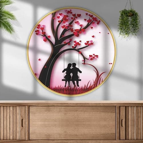 SAF Round Romantic Couple Wall Painting | Love Tree with Swing & Hearts | MDF Board UV Textured Modern Wall Art for Bedroom, Living Room & Gifting 23 Inch