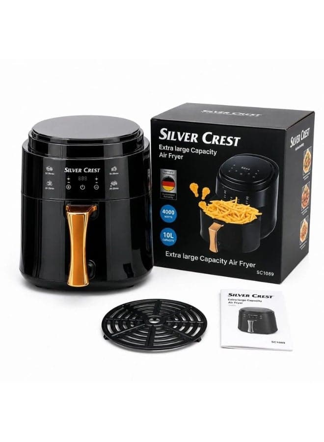Silver Crest Extra Large 10L Air Fryer 4000W Healthy Oil Free Fryer with LED Touch Panel, Adjustable Temperature Control, Timer Function, Easy Clean Basket, Perfect for Fries, Chicken, Fish and Snacks