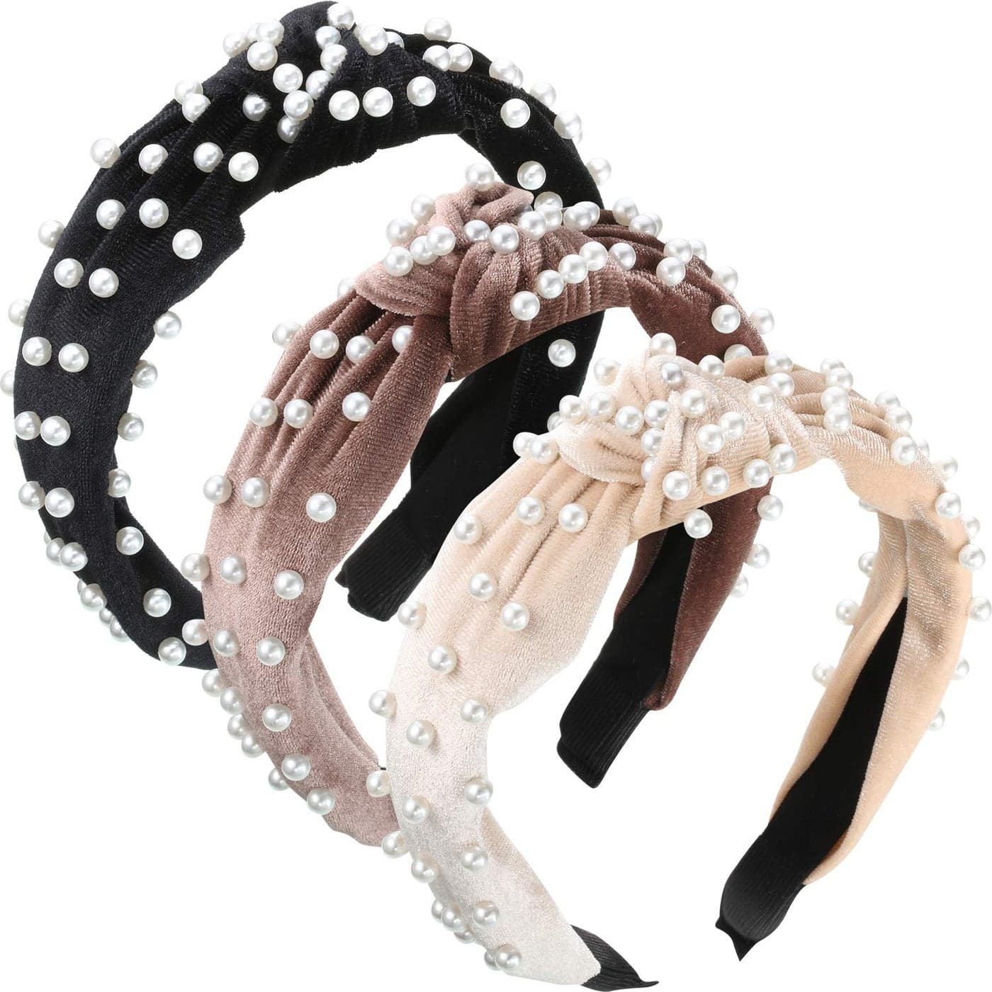 WILLBOND 3 Pieces Pearls Headband Knotted Headband for Women Velvet Pearls Headwear for Woman Hair Accessories Beige Pale Mauve Black