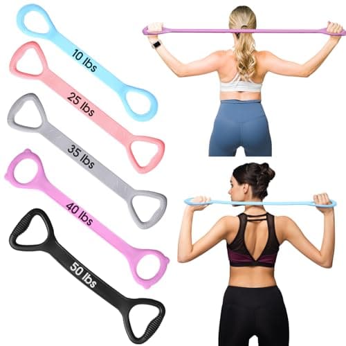 Soulchen 5 Pack Figure 8 Fitness Resistance Bands Elastic Bands(10 Lbs-25 Lbs-35 Lbs-40 Lbs-50 Lbs)for Arm, Back, Chest and Shoulder, Yoga, Pilates, Stretching, Workout for Women Men (Color Scheme 1)